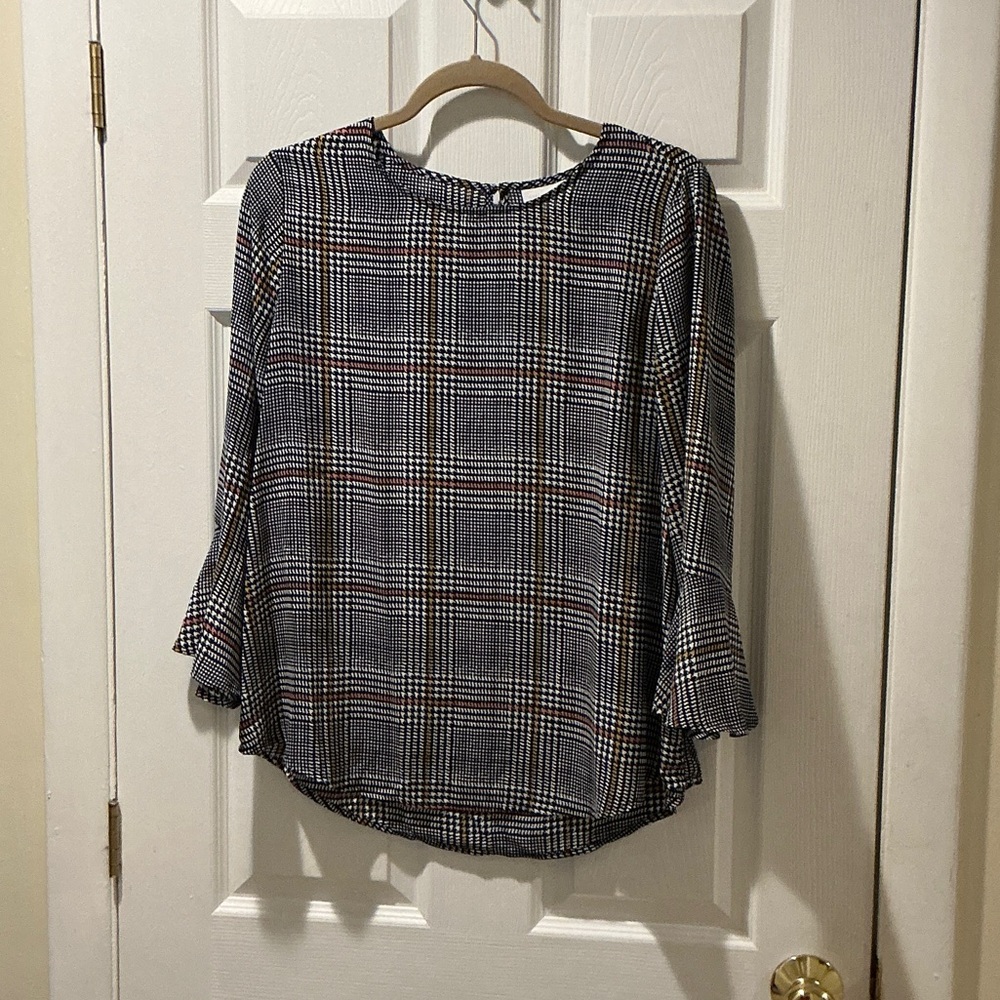 Charter Club Black Orange Gold and White Plaid Blouse  Fluff Sleeves Size Medium